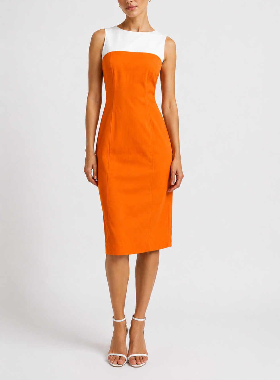 ESCADA Dudu Bright Orange Cotton Sheath Column Midi Dress Size 34